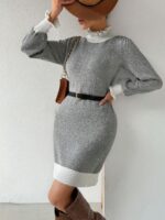Rochie Tricotata Scurta Shui Gri cu Guler Alb