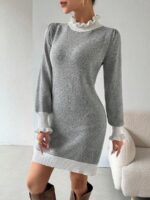 Rochie Tricotata Scurta Shui Gri cu Guler Alb - imagine 3
