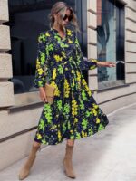 Rochie Midi Cannan Bleumarin cu Print Floral Galben si Verde - imagine 3
