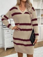 Rochie Tricotata Scurta Shonya Bej cu Dungi Grena