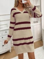 Rochie Tricotata Scurta Shonya Bej cu Dungi Grena - imagine 3