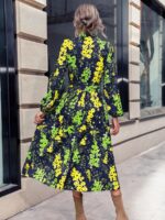 Rochie Midi Cannan Bleumarin cu Print Floral Galben si Verde - imagine 2