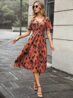 Rochie Midi Dida Caramizie cu Print Floral Negru - imagine 4