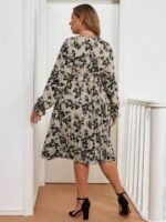 Rochie Scurta Deana Bej cu Print Floral Negru - Marimi Mari - imagine 2