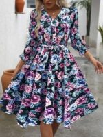 Rochie Midi Galatea Neagra cu Print Floral Multicolor