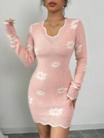 Rochie Scurta Tricotata Sten Roz cu Floricele Albe