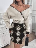 Rochie Scurta Tricotata Atalanta in 2 culori Crem cu Negru