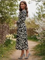 Rochie Midi Lorina Neagra cu Print Crem - imagine 4