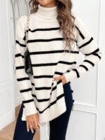 Pulover Tricotat Anita Crem cu Dungi Negre
