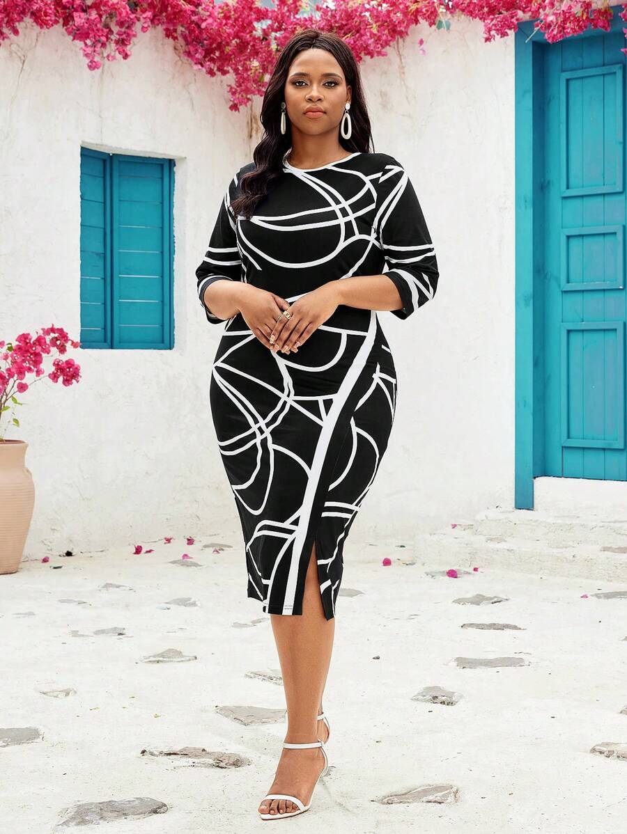 Charita 1 Rochie Scurta Charita Neagra cu Print Alb - Marimi Mari - imagine 1