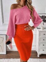 Rochie Midi Elena in 2 culori Roz si Portocaliu