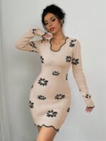 Rochie Scurta Tricotata Elys Bej cu Flori Negre