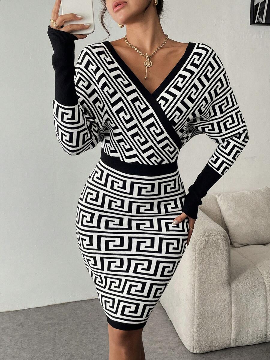 Flori 1 Rochie Scurta Tricotata Flori Alba cu Print Geometric Negru - imagine 1