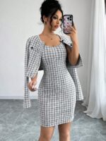 Compleu cu Rochie Scurta Petria Alb cu Negru