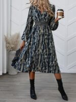 Rochie Midi Elisa Bleumarin cu Print Bej