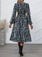 Rochie Midi Elisa Bleumarin cu Print Bej - imagine 2