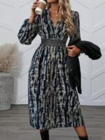 Rochie Midi Elisa Bleumarin cu Print Bej - imagine 3