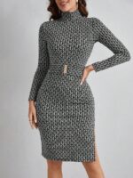 Rochie Midi Troya Neagra cu Imprimeu Geometric Alb si Curea