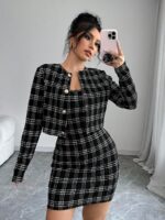 Compleu cu Rochie Scurta Helna Negru cu Print Alb