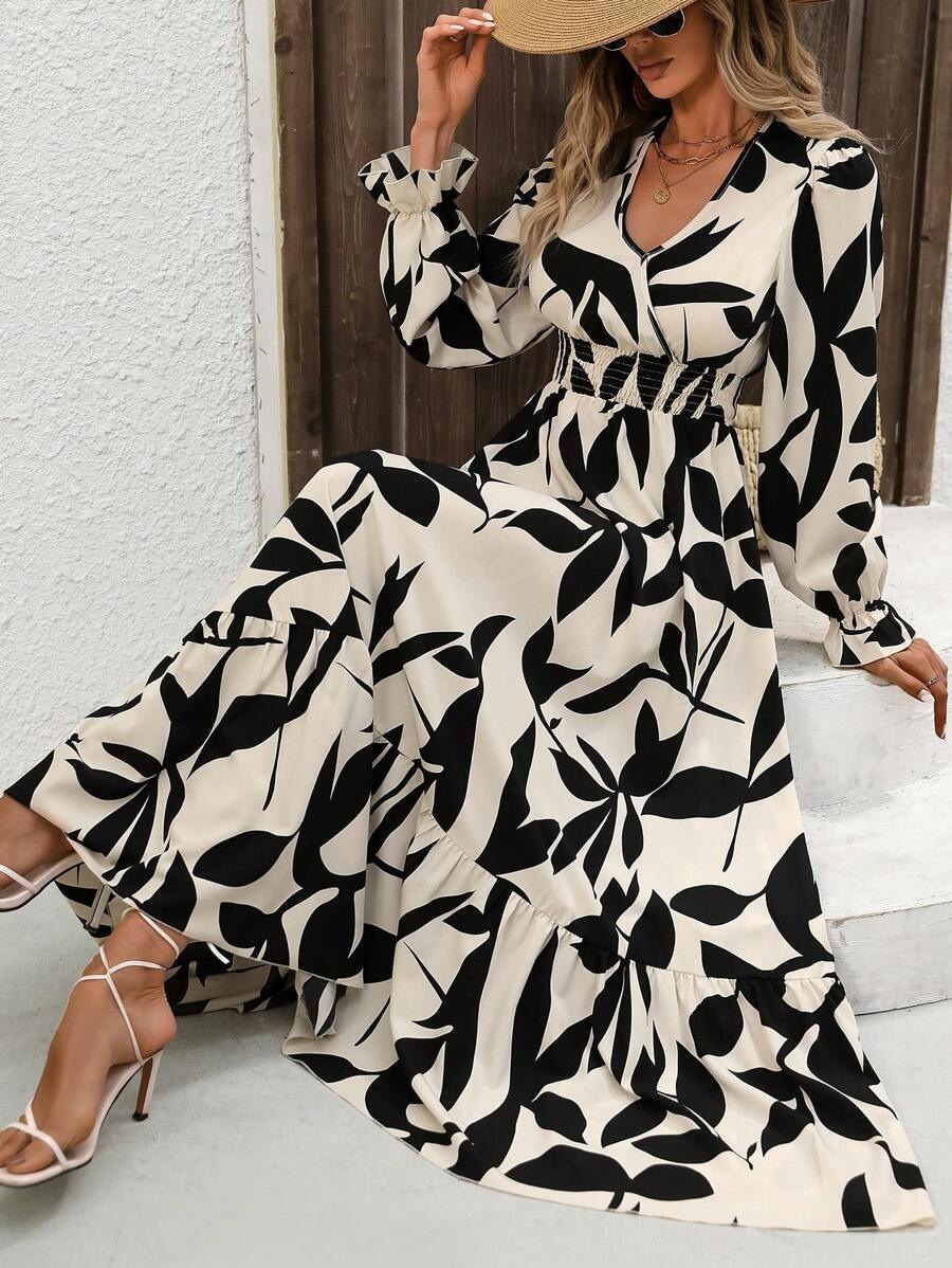 39 Rochie Lunga Seda Alba cu Frunze Negre - imagine 1