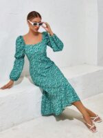 Rochie Midi Fanndis Turcoaz Inflorata - imagine 4