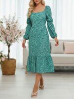 Rochie Midi Fanndis Turcoaz Inflorata