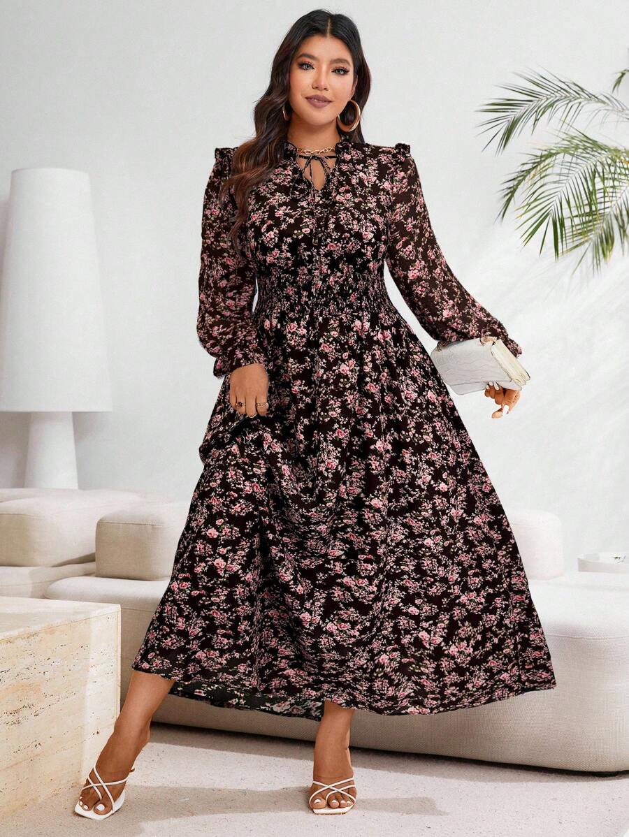 Alfons 1 Rochie Lunga Alfons Neagra cu Print Floral Roz - Marimi Mari - imagine 1
