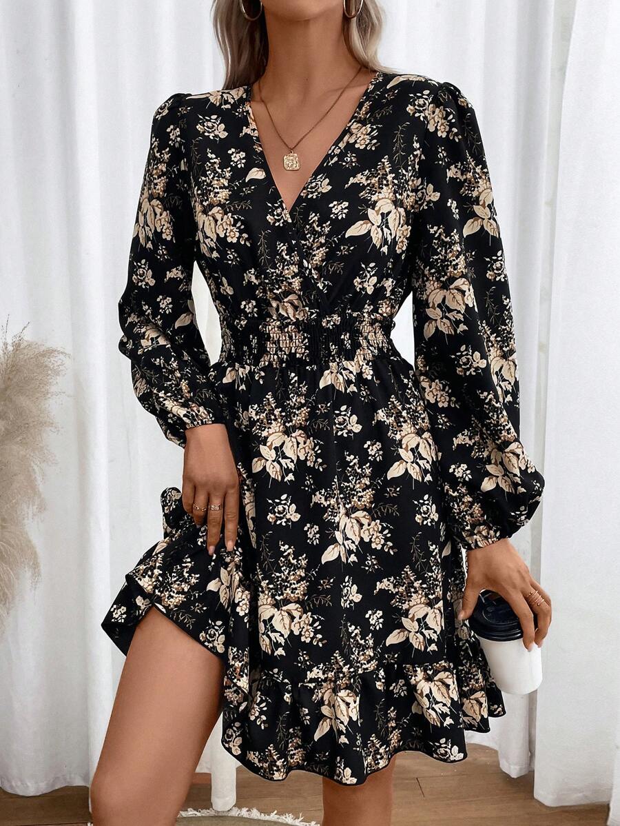 Arwen 1 Rochie Scurta Arwen Neagra cu Print Floral Bej - imagine 1