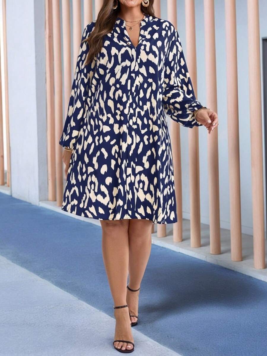 Canens 1 Rochie Scurta Canens Albastra cu Print Crem - Marimi Mari - imagine 1