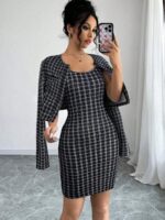 Compleu cu Rochie Scurta Helna Negru cu Print Alb - imagine 3