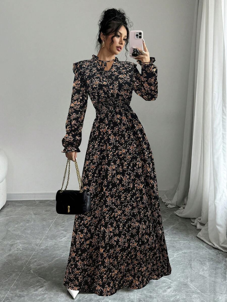 Costina 1 Rochie Lunga Costina Neagra cu Print Floral Maro - imagine 1