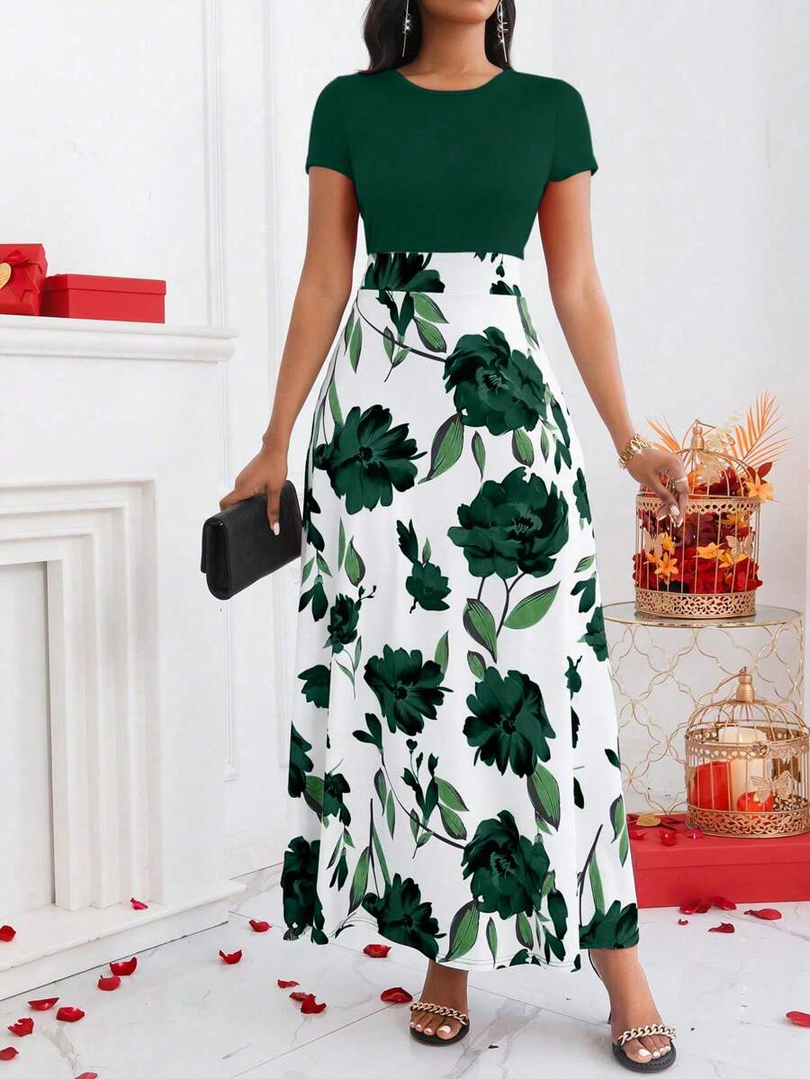 Haidy 2 Rochie Lunga Haidy in 2 culori Verde cu Alb si Print Floral - imagine 1