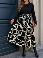 Rochie Midi Jemma Neagra cu Print Crem si Alb - Marimi Mari