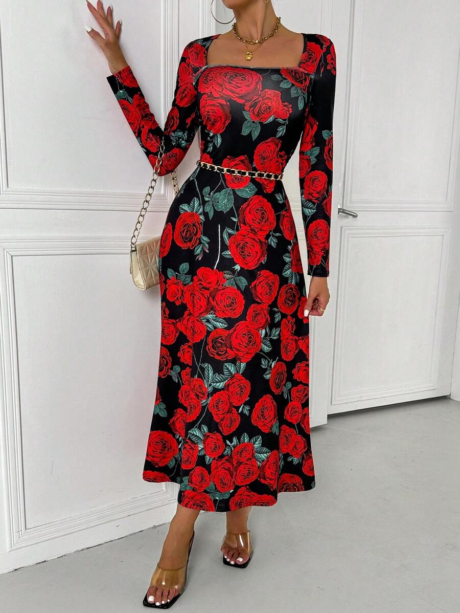 Klara 1 Rochie Midi Klara Neagra cu Print Floral Rosu - imagine 1