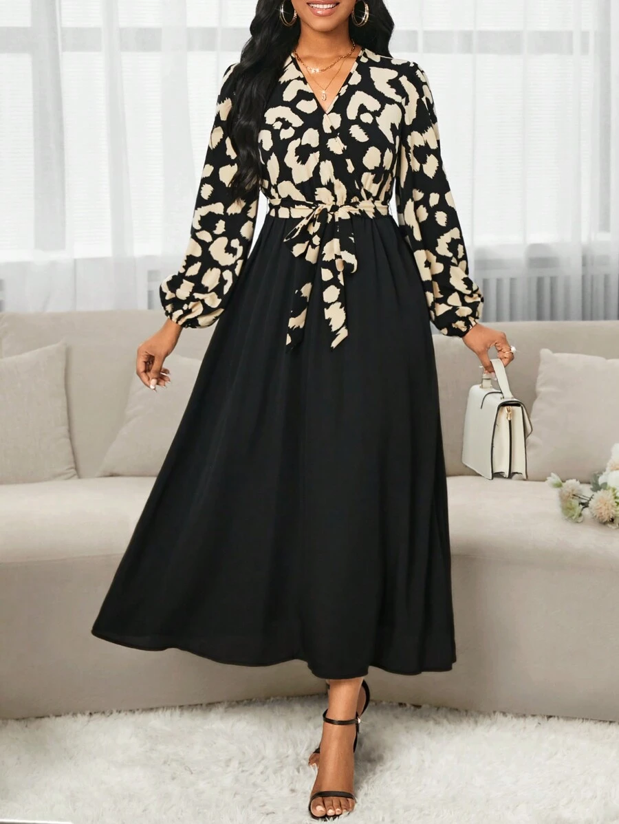 Linette 1 Rochie Lunga Linette Neagra cu Print Bej - imagine 1
