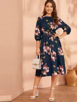 Rochie Midi Magdal Bleumarin cu Print Floral