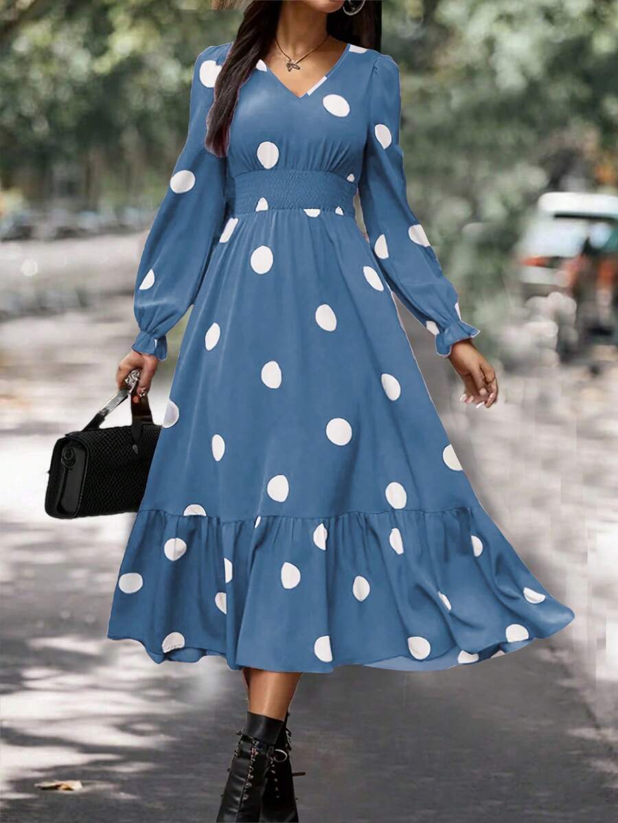 Sandra 1 Rochie Midi Sandra Bleu cu Buline Albe - imagine 1