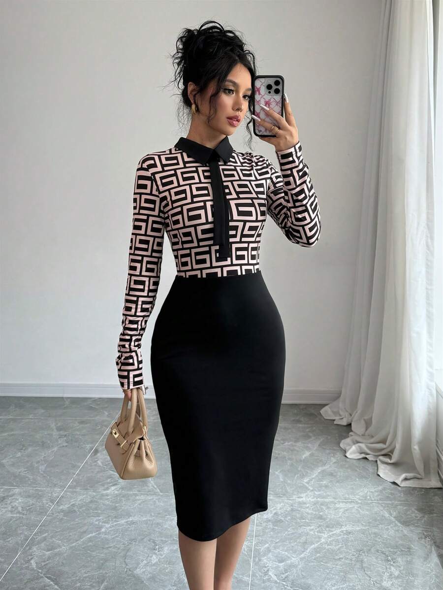 Sofina 1 Rochie Midi Sofina Neagra cu Print Geometric - imagine 1