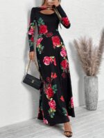 Rochie Lunga Vivien Neagra cu Print Floral Rosu