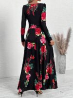 Rochie Lunga Vivien Neagra cu Print Floral Rosu - imagine 2