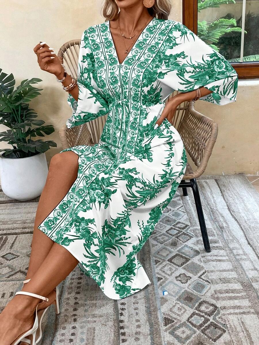 68 Rochie Lunga Lamia Alba cu Print Verde - imagine 1
