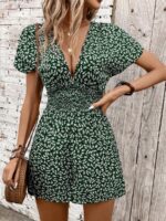 Salopeta Scurta Alice Verde cu Print Floral Alb