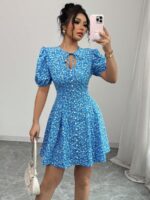 Rochie Scurta Anna Bleu cu Print Floral Alb