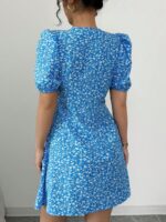 Rochie Scurta Anna Bleu cu Print Floral Alb - imagine 2