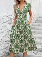 Rochie Midi Heidi Crem cu Print Verde