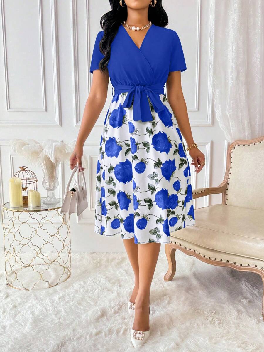 Lester 1 Rochie Scurta Lester in 2 culori Albastru cu Alb si Print Floral - imagine 1