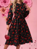 Rochie Midi Snorri Neagra cu Print Floral Rosu