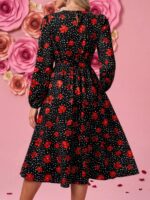 Rochie Midi Snorri Neagra cu Print Floral Rosu - imagine 2