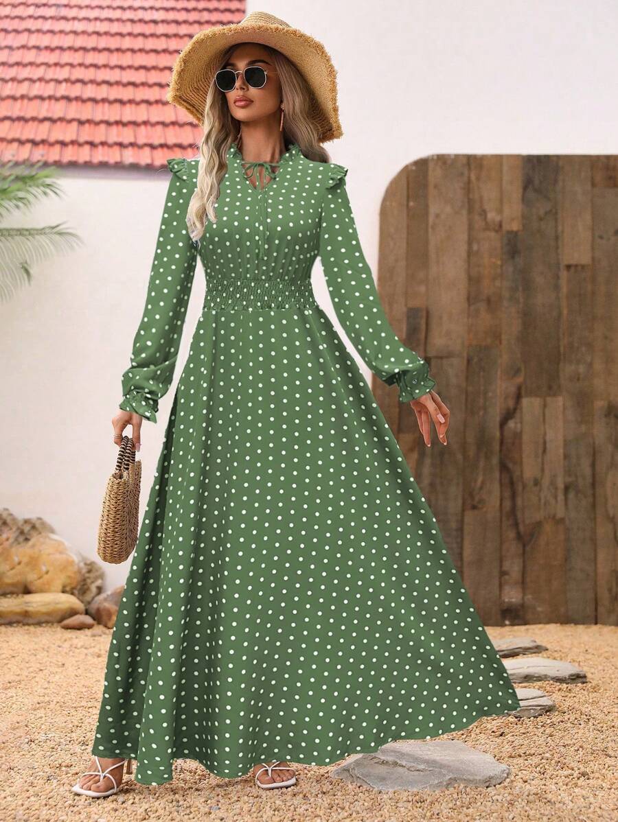 Sondra 3 Rochie Lunga Sondra Verde cu Buline Albe - imagine 1