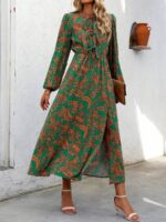Rochie Midi Zipora Verde cu Print Floral Caramiziu